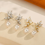 Waterdrop pearl leaf zircon earrings